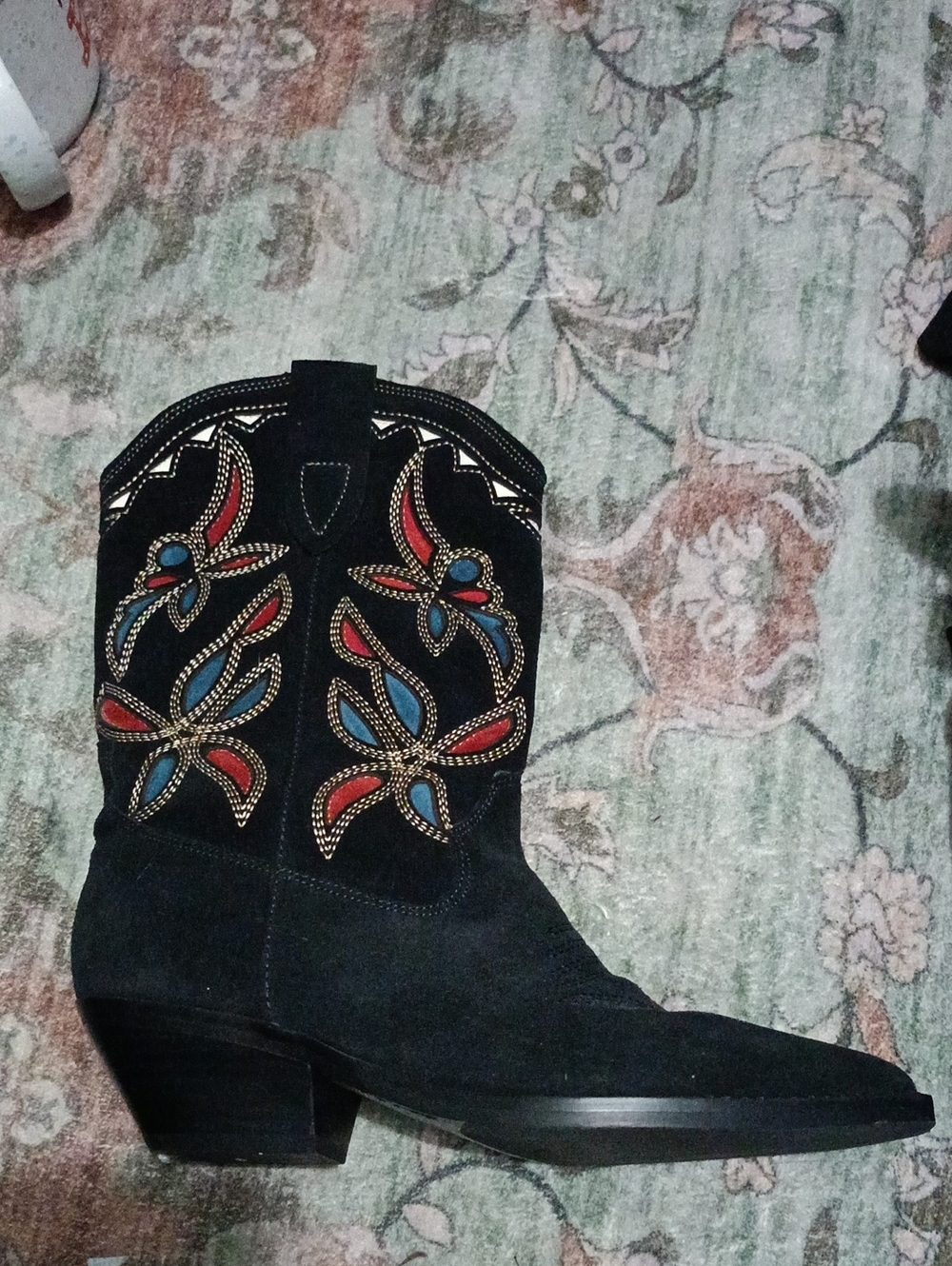 Marc Fisher Very Dark Suede Western Ankle Boots with Red & Blue Floral Stitching
